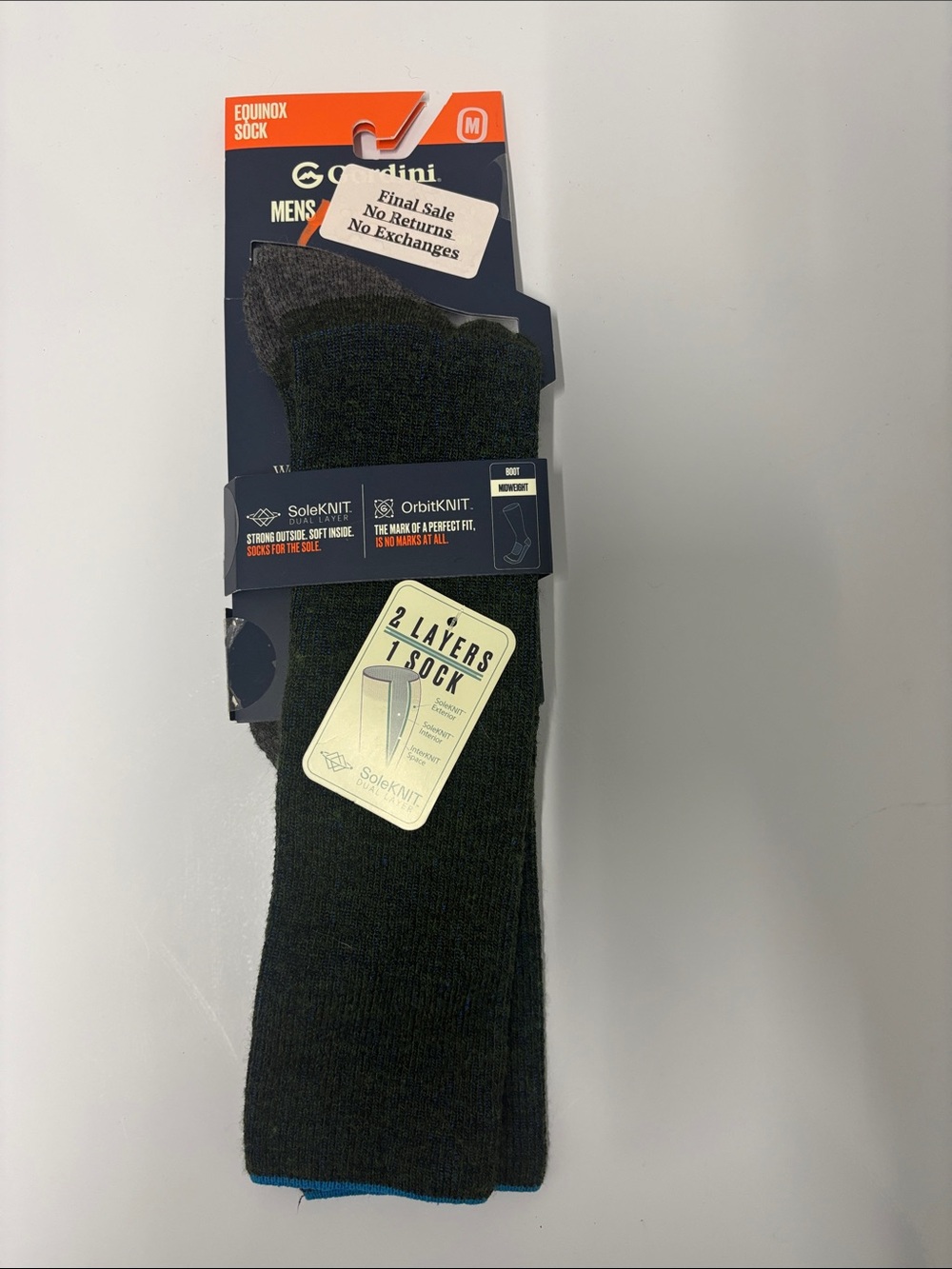 Gordini Mens Equinox boot sock green gray midweight size Medium NWT